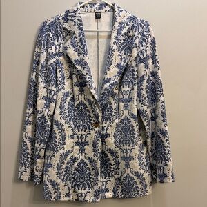 SHEIN White and Blue Damask Pattern Single-Button Blazer